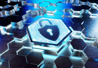 Poster - Web security icon concept engraved on metal hexagonal pedestral background. Padlock Logo glowing on abstract digital surface. 3d rendering