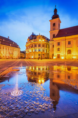 Fototapete - Sibiu, Transylvania, Romania - Night scene with Large Square