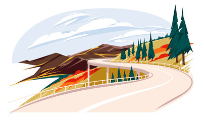 Landscape of mountain empty road in autumn with pines,  bushes, orange grass Flat colorful vector illustration