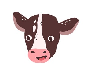 Aufkleber - Cute funny calf face. Head portrait of domestic milk farm animal in doodle style. Baby cow muzzle with surprised eyes. Adorable happy snout. Flat vector illustration isolated on white background