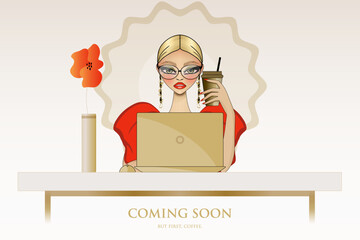 Vector illustration for Coming Soon and Under Construction Page with fashion girl, her laptop, and red poppy. Feminine red and gold web page template for fashion and beauty blog. 