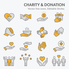 Wall Mural - Charity icon set. Collection of donate, volunteer, help, solidarity and more. Editable stroke. Change to any size and any colour.