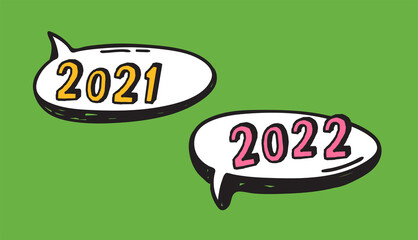 Poster - Hand Drawn Speech Bubbles with Text about New Year. Vector pop art object. Doodle elements dialog