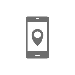 Sticker - Smartphone with destination mark, geolocation, gps navigations grey icon.