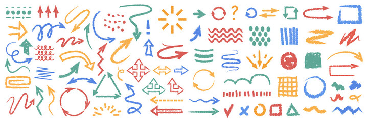 Aufkleber - Doodles, hand drawn flat cartoon icons set isolated. Vector arrows, direction pointers and objects, lines and shapes, patterns. Vector circle repeating navigation cursors, done and check marks