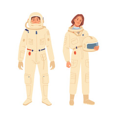 Astronauts profession workers isolated flat cartoon characters. Vector space man and woman cosmonauts in protective uniform spacesuits with helmet. Professional international cosmos exploration people