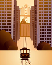 Vector Illustration Of San Francisco Cable Car. San Francisco Sunset