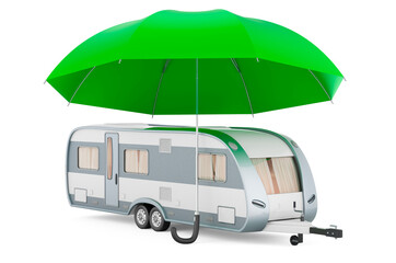 Poster - Travel trailer under umbrella, 3D rendering