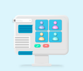 Aufkleber - Online Meeting, Virtual Conference Video call, Briefing, Teamwork Concept. 3d realistic vector illustration.
