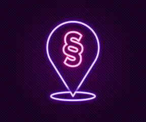 Sticker - Glowing neon line Location law icon isolated on black background. Colorful outline concept. Vector