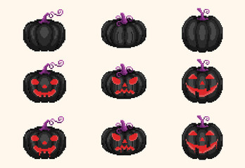 Sticker - Pixel art dark evil pumpkins jack collection. 8 bit vector icons for game or halloween decorations. Evil and Vampire pumpkins emoji faces. Trendy pixel art.
