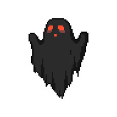 Sticker - Pixel art black horror ghost. Halloween vintage 90s 8 bit pixel ghost illustration. Vector
