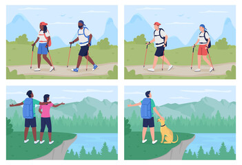 Poster - Camping adventure flat color vector illustration set. Couple walking on route. Backpacker with dog. People on trekking trip 2D cartoon characters with landscape on background collection