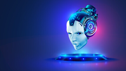 Leinwandbilder - AI or artificial intelligence in image robot head hover over podium in virtual cyberspace. Humanoid face of mechanical cyborg with electronic brain or mind. Neural network or supercomputer on pedestal