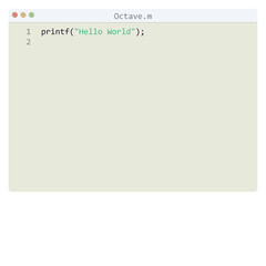 Octave language Hello World program sample in editor window