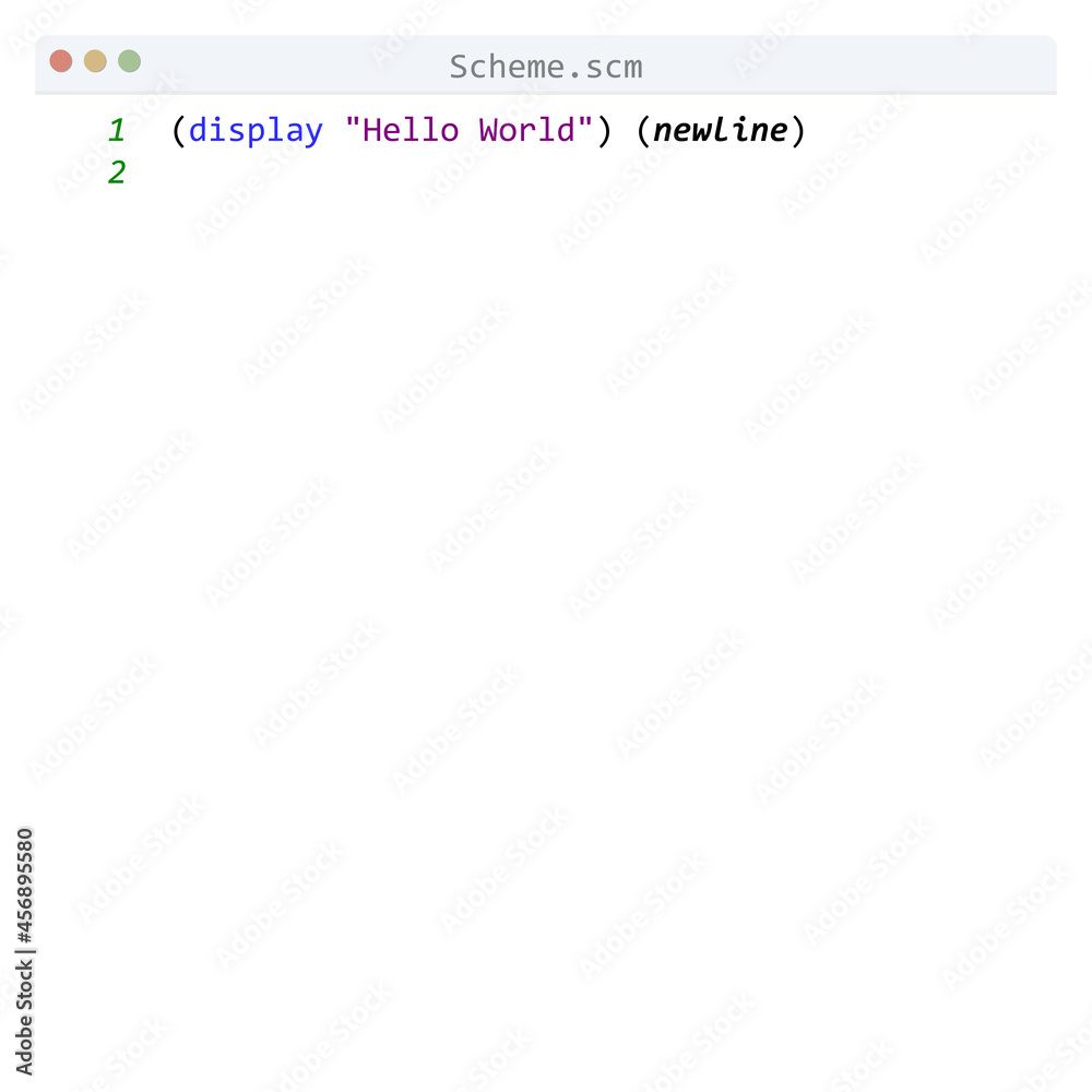 Scheme language Hello World program sample in editor window Stock ...