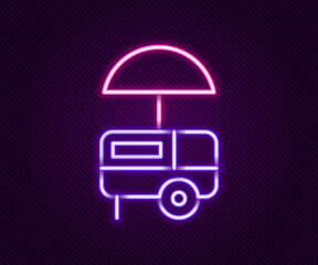 Poster - Glowing neon line Fast street food cart with awning icon isolated on black background. Urban kiosk. Ice cream truck. Colorful outline concept. Vector