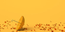 Umbrella On The Ground By The Air And Autumn Leaves. Copy Space. 3D Illustration.
