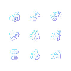 Sticker - Hand washing steps gradient linear vector icons set. Removing germs from hands. Applying soap and disinfectant. Thin line contour symbols bundle. Isolated outline illustrations collection