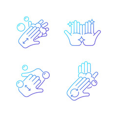 Sticker - Washing hands instruction gradient linear vector icons set. Rubbing palms together with soap. Cup fingers. Clean hands. Thin line contour symbols bundle. Isolated outline illustrations collection