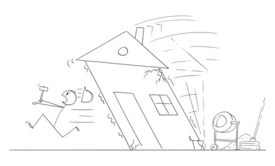 Wall Mural - Construction Worker or Builder Running From Collapsing House, Vector Cartoon Stick Figure Illustration