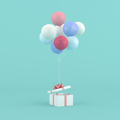 Poster - 3D rendering of round gift box and balloons. Minimal concept.