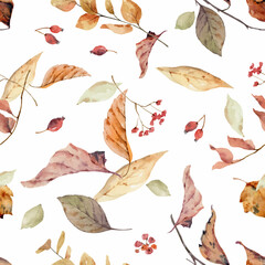 Wall Mural - Watercolor vector seamless pattern with colorful pumpkins and leaves.