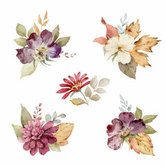 Wall Mural - watercolor set of autumn bouquets of flowers and leaves.