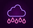 Glowing neon line Cloud with rain icon isolated on black background. Rain cloud precipitation with rain drops. Colorful outline concept. Vector