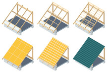 Isometric Roofing Construction. Concept Of Residential Building Under Construction. House Under Construction. Roof Insulation.