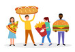 Unhealthy fast food concept vector illustration. People holding pizza, hamburger, hotdog and French fried in flat design on white background.