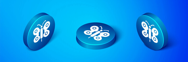 Poster - Isometric Butterfly icon isolated on blue background. Blue circle button. Vector