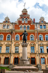 Monument of Torkel - Tyrgils or Torgils Knutsson, founder of Vyborg castle. Old Town hall square, Vyborg, Russia.