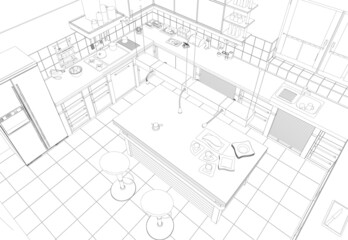 Poster - Contour of a kitchen with kitchen utensils isolated on a white background. Perspective view. Vector illustration