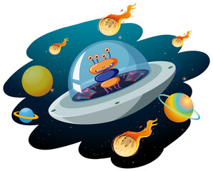 Wall Mural - Alien in UFO with many planets and asteroids