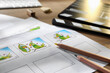 © New Africa - Storyboards with cartoon sketches at workplace, closeup. Pre-production process