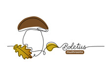 Boletus, Cep, Porcini Wild Mushroom One Line Art Drawing. Simple Vector Line Illustration With Lettering Boletus Mushroom