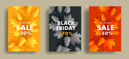 Sticker - Set of autumn sale posters or flyers with fall leaves 3d illustration from center to the edges, different colors