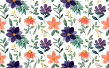 Seamless Pattern Of Orange Purple Floral Watercolor