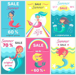 Wall Mural - Summer sale with mermaid at sea. Advertising banner with underwater life of sea creature. Nixie on background of ocean with waves and sand with starfish. Seasonal closeout poster, discounts, hot price