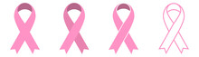Pink Ribbon Icons Set. Breast Cancer Awareness Ribbon. Women Cancer Awareness Symbol. Flat And Outline Style