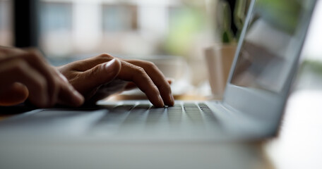 Close up of hands typing on computer keyboard panoramic banner, businessman or student using laptop at home, online learning, internet marketing, people working office workplace, freelance concept
