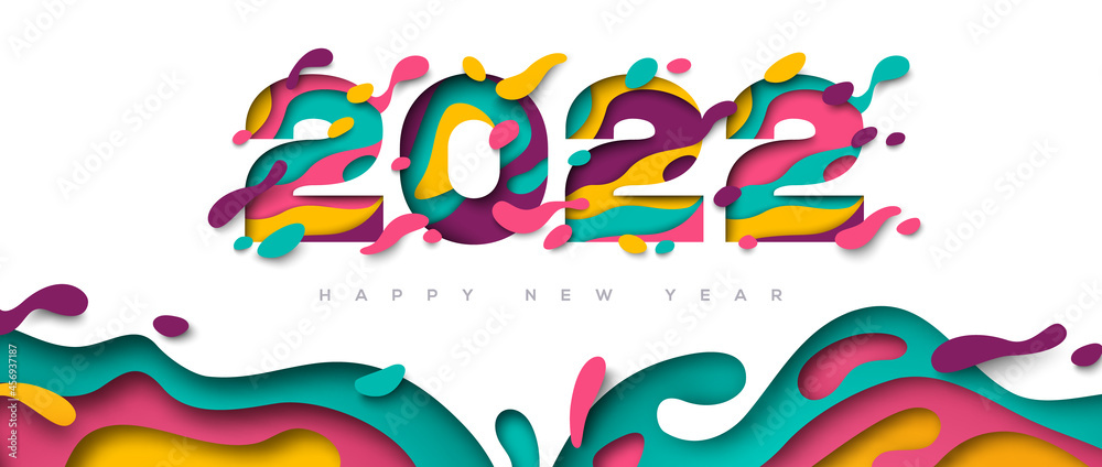 2022 Happy New Year greeting card with 3d abstract paper cut shapes on ...