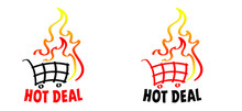 Slogan Hot Deal ! Cartoon, Burning Fire Or Flame Pictogram. Flat Vector Deals Logo, Hot Sale, Price Offer Deal Banner With Fire Sign. Special Tag Or Badge, Business Or Discount Promotion. Fire Labels 