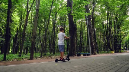 Poster - A boy rides a scooter in a city park