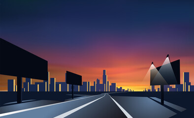 City landscape perspective. Road with bill boards. Colorful sunset.