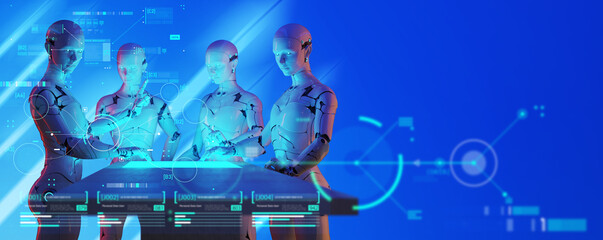 Computer aided manufacturing, future factory engineering and industrial technology, 3D robot teamwork working in factory futuristic computer coding and background.