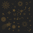 Astral elements vector design. Cosmic, celestial background. Stars, planets, sun, cosmos linear icons.