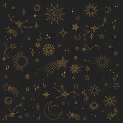 stars, moons and constellations. linear design astrology elements. seamless pattern of celestial spa