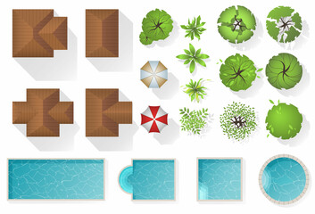 Wall Mural - set landscape elements, top view. houses, architectural elements, plants, garden, trees, swimming po